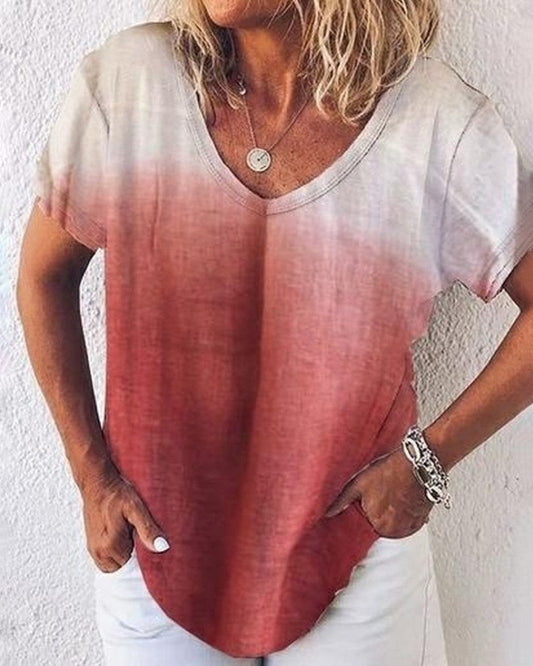 V neck Gradient Color Casual T shirt