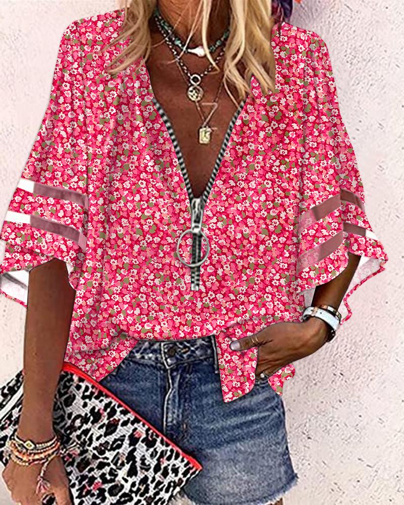 Pink Ditsy Floral Print Contrast Mesh Zip Front Top