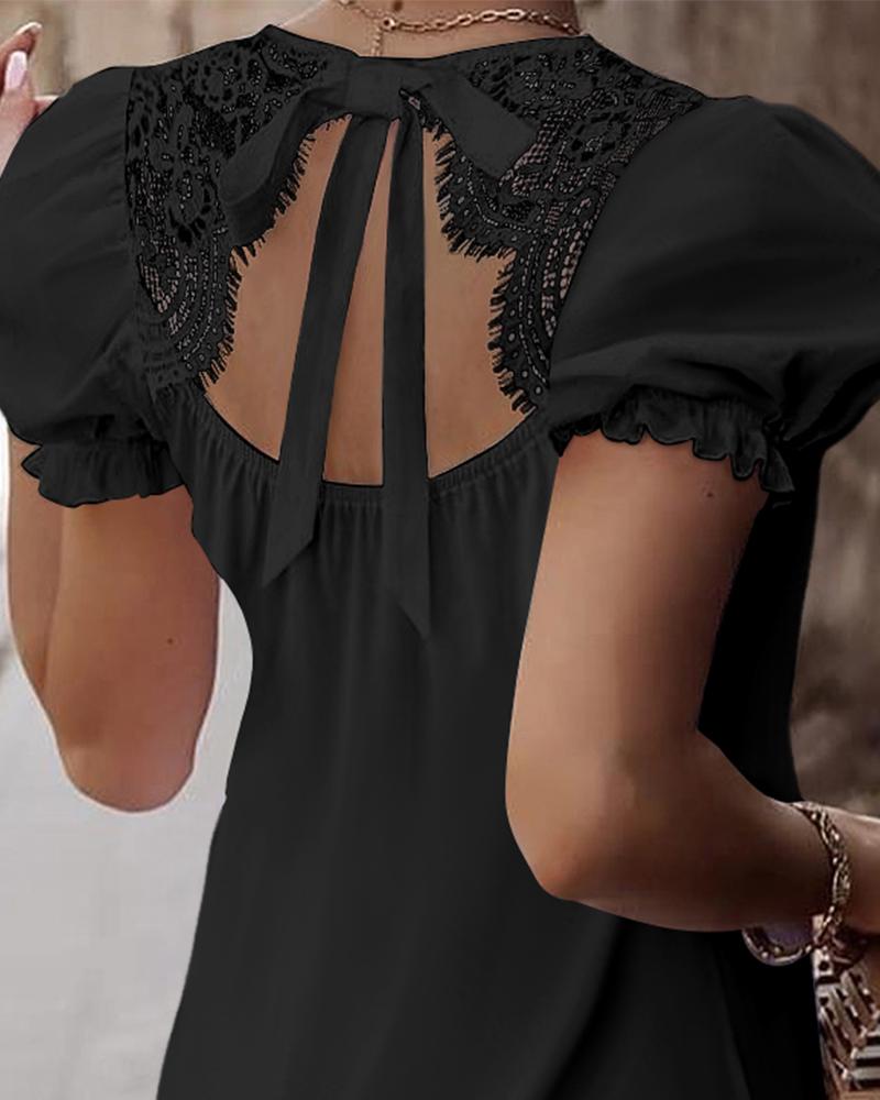 Puff Sleeve Eyelash Lace Patch Top