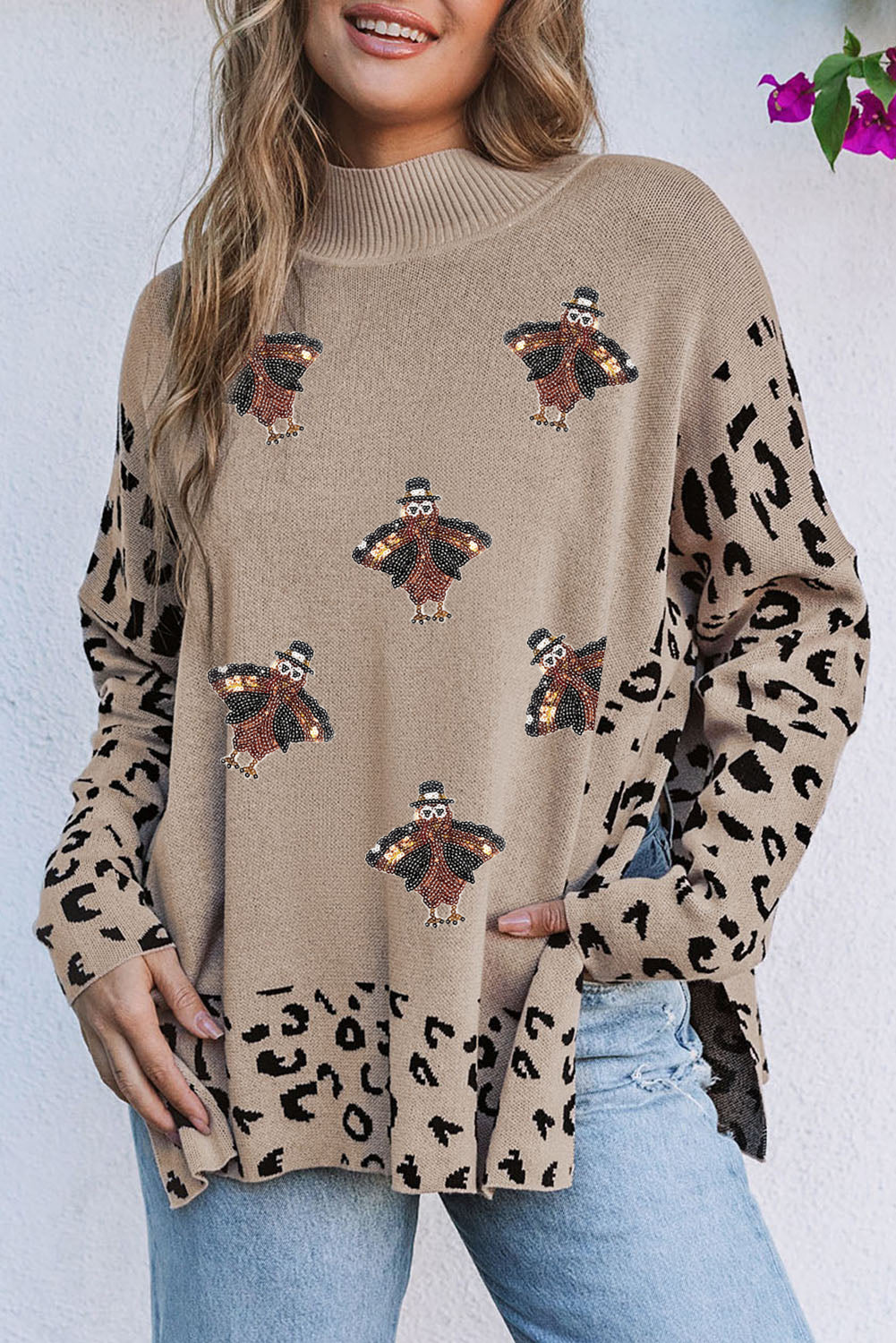 Khaki Sequin Turkey Leopard Mixed Pattern High Neck Sweater with Slits