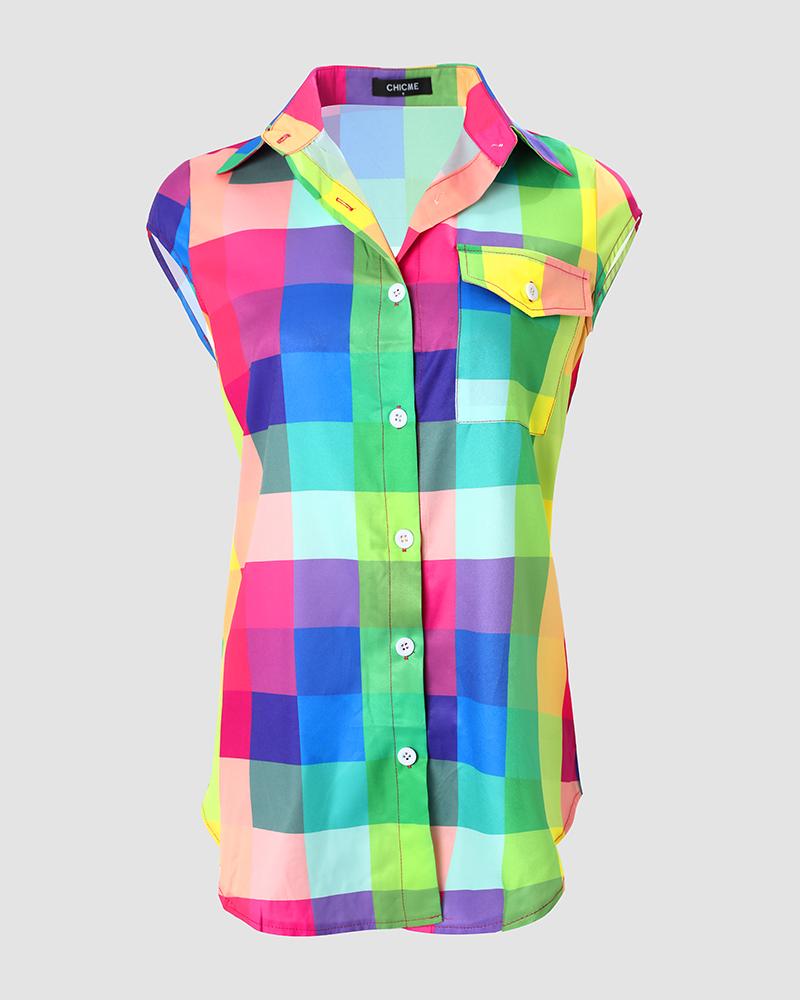 Colorblock Plaid Print Button Down Shirt