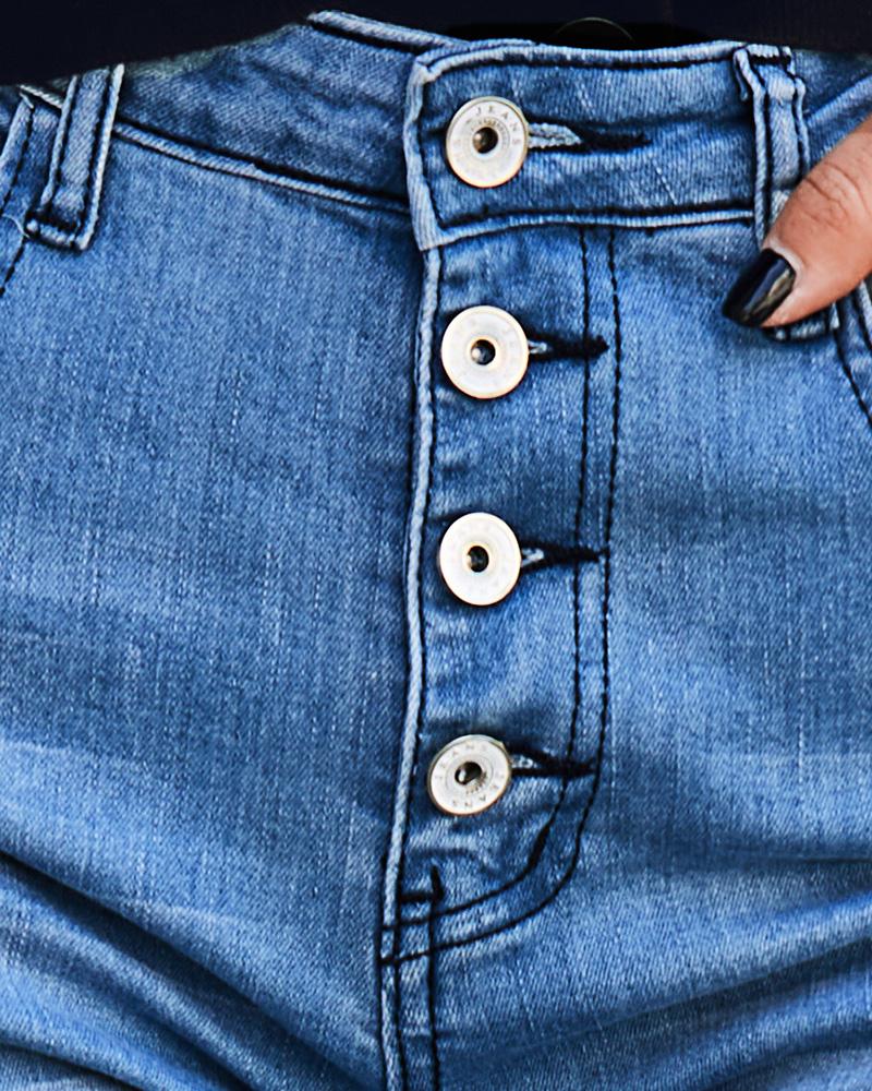 Buttoned Pocket Design Ripped Cutout Denim Pants