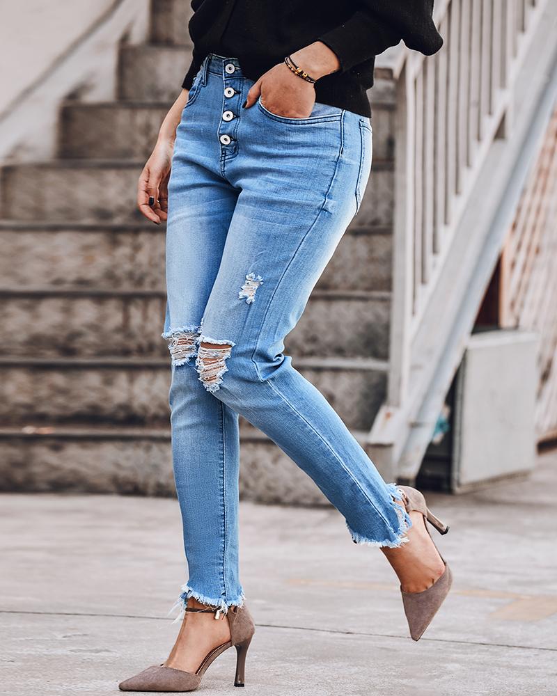 Buttoned Pocket Design Ripped Cutout Denim Pants