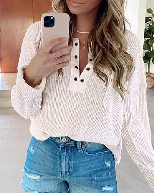 Eyelet Long Sleeve Casual Top