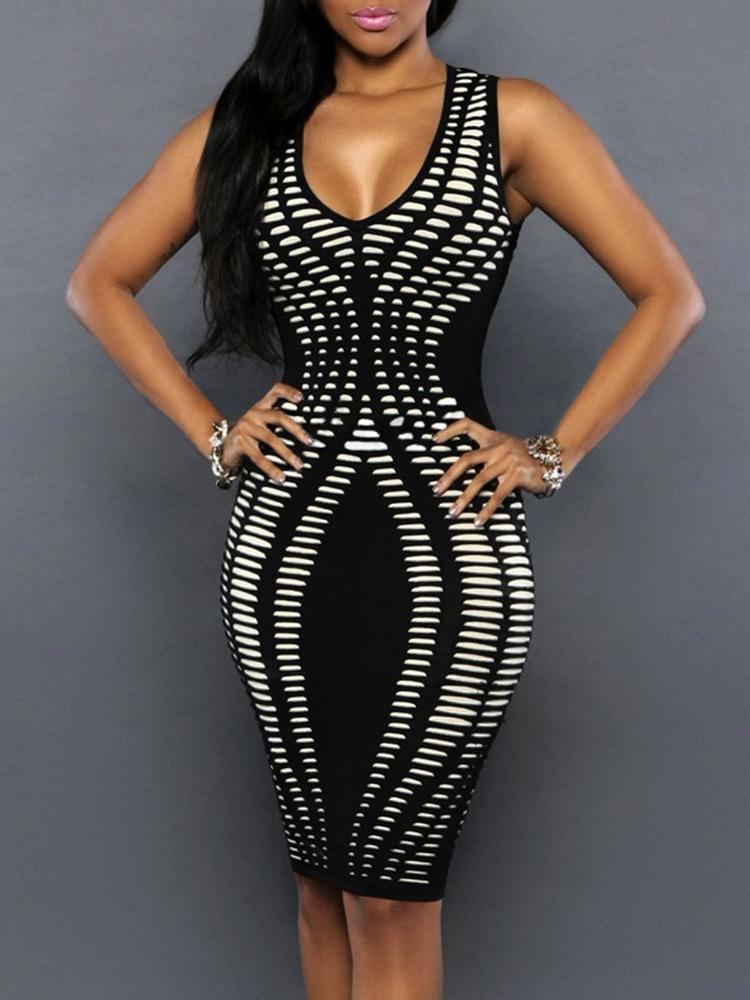 Women Sexy V Neck Stripe Print Slim Bodycon Dress