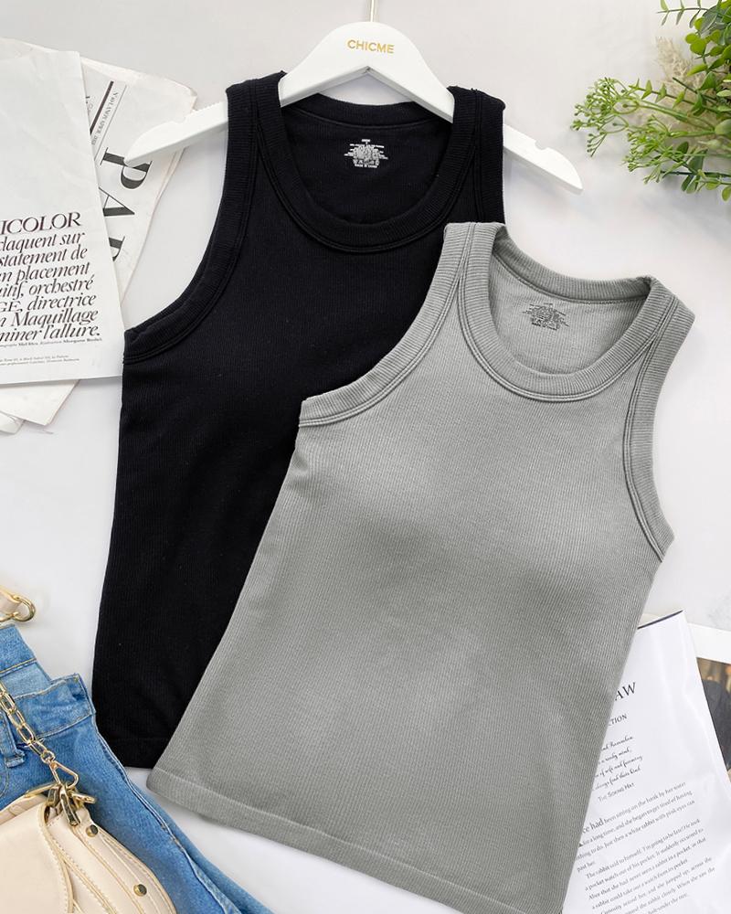 2 Piece Built in Bra Crewneck Tank Top Terry Towelling Lined Sleeveless Slim Fit Layering Shirt Tops