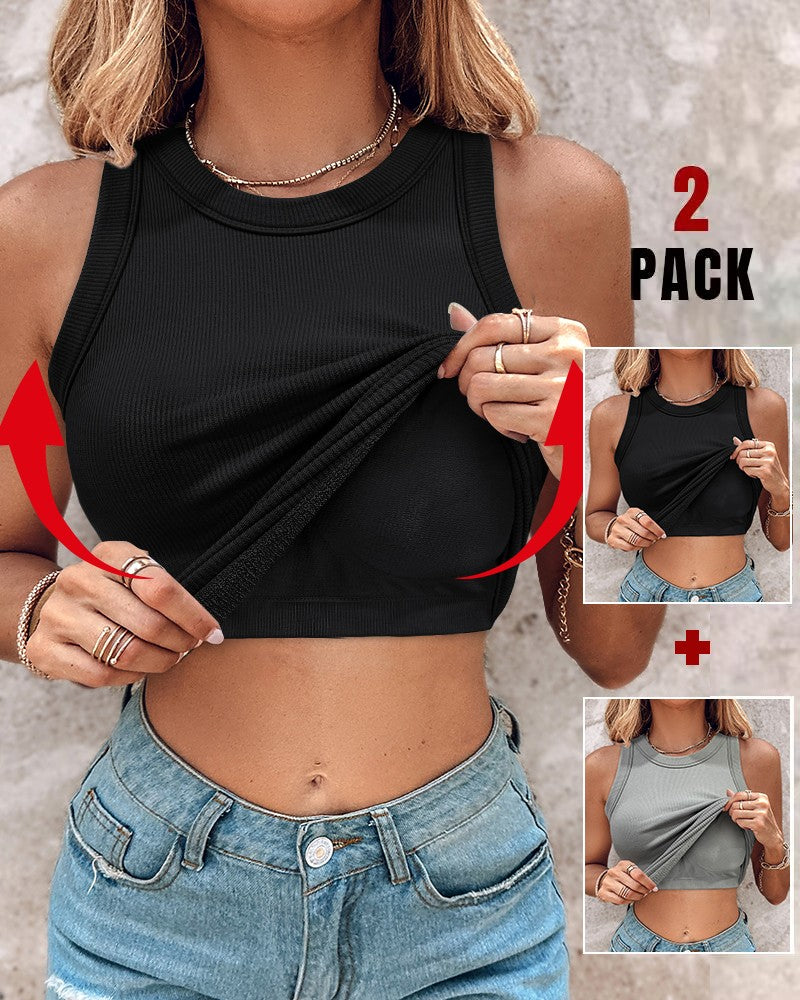 2 Piece Built in Bra Crewneck Tank Top Terry Towelling Lined Sleeveless Slim Fit Layering Shirt Tops