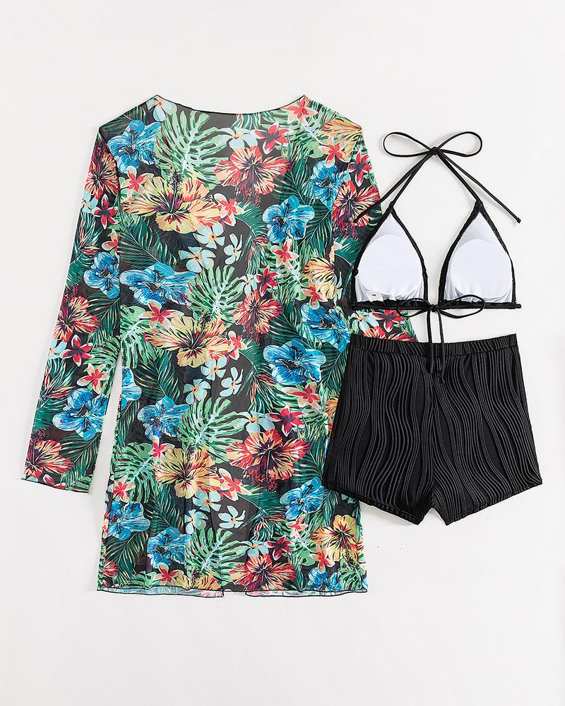 Halter Textured Bikini Top & Shorts Set With Floral Tropical Print Coat