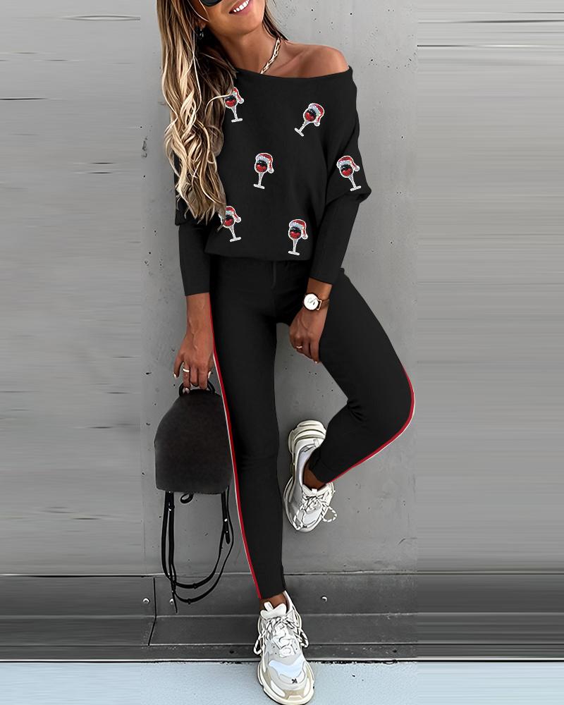 2 Piece Christmas Wine Glass Pattern Contrast Sequin Top Casual Pants Tracksuit Set