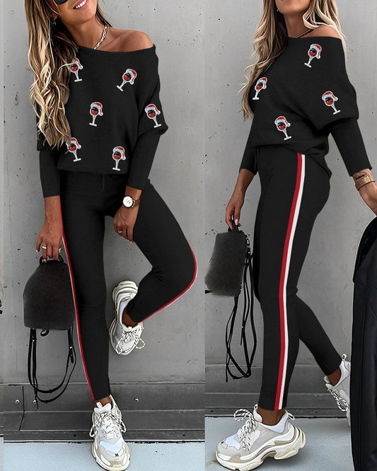 2 Piece Christmas Wine Glass Pattern Contrast Sequin Top Casual Pants Tracksuit Set