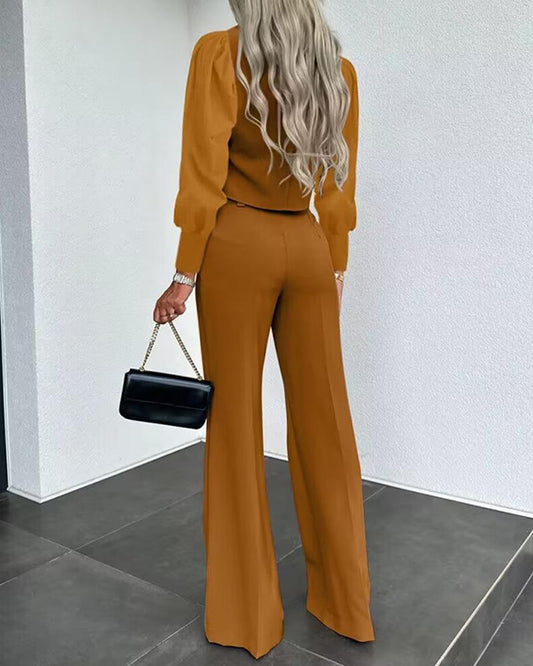 Puff Sleeve Crop Top & Buttoned Work Pants Set