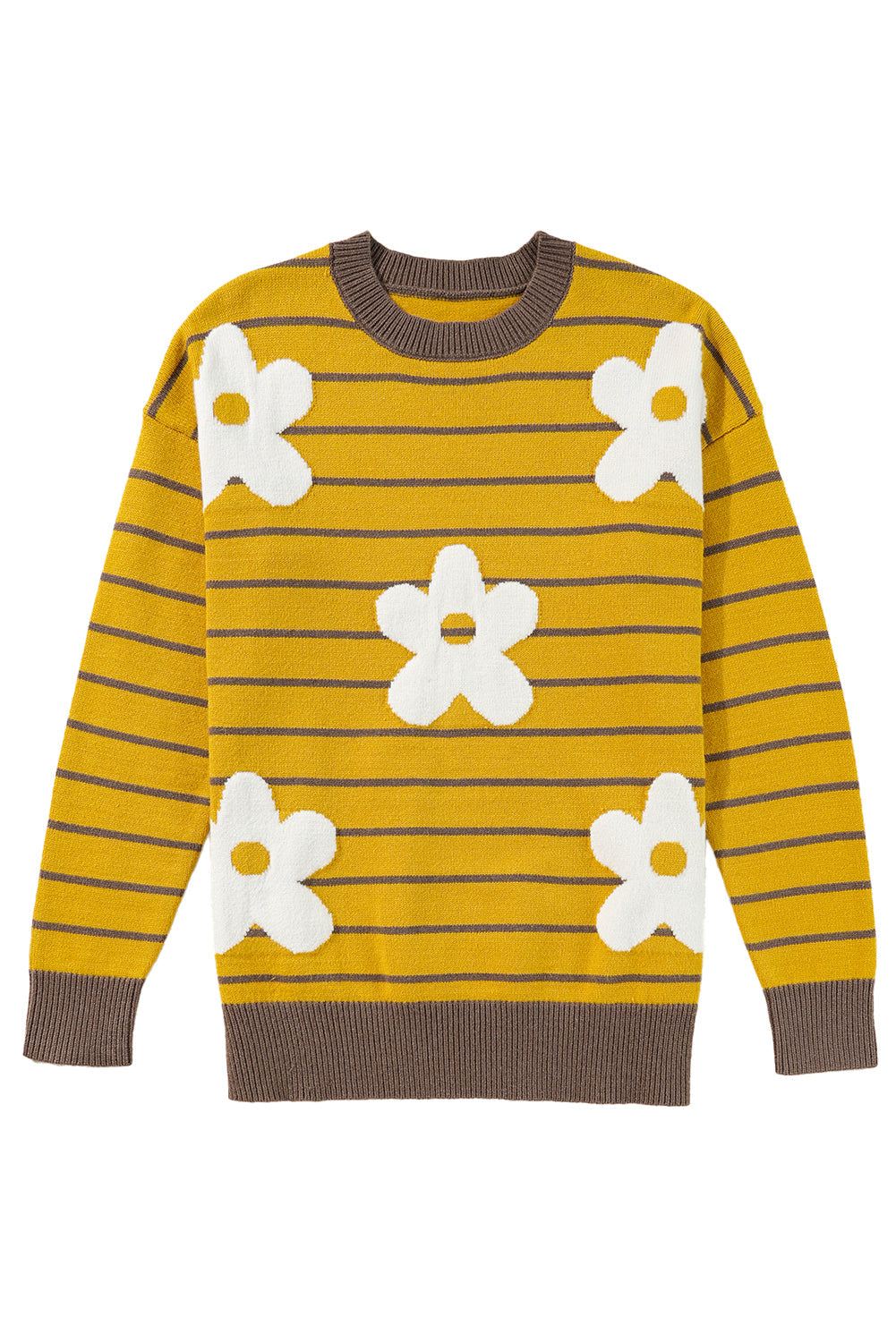 Yellow Stripe Daisy Floral Knitted Round Neck Sweater