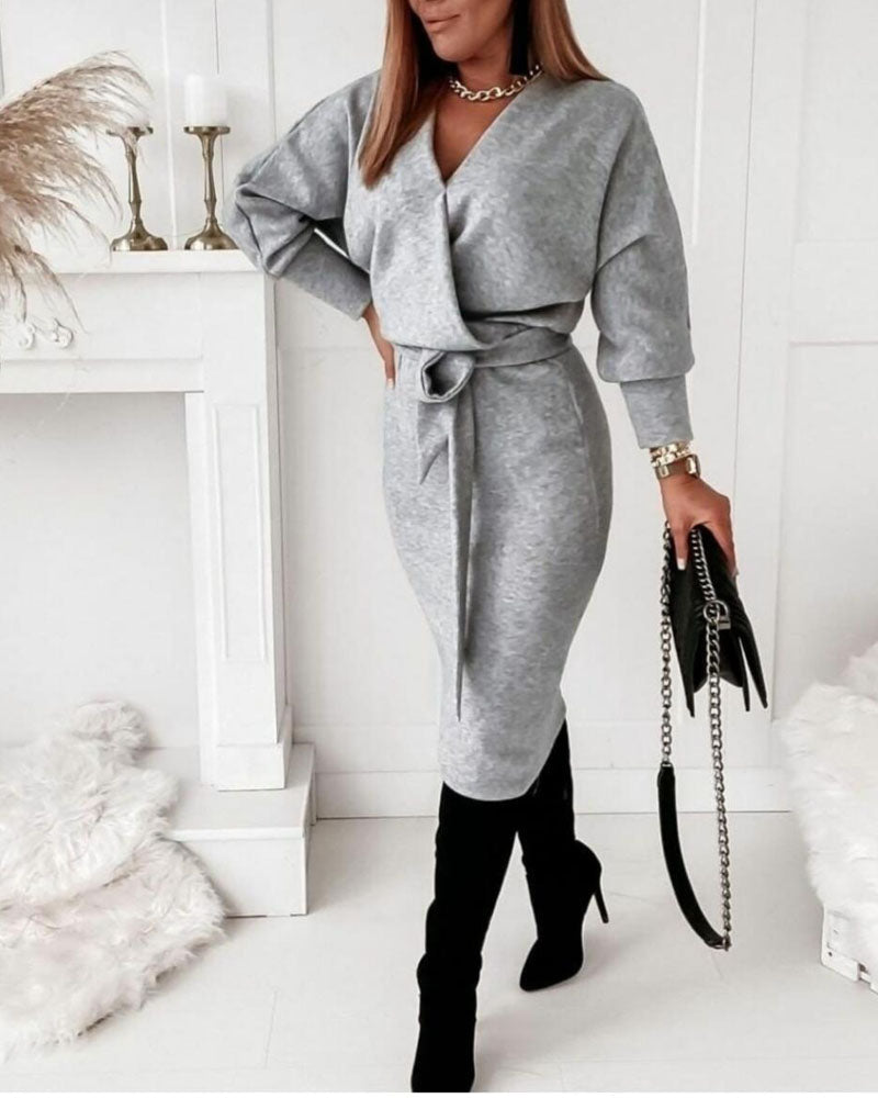 Lantern Sleeve Belted Wrap Sweatshirt Dress