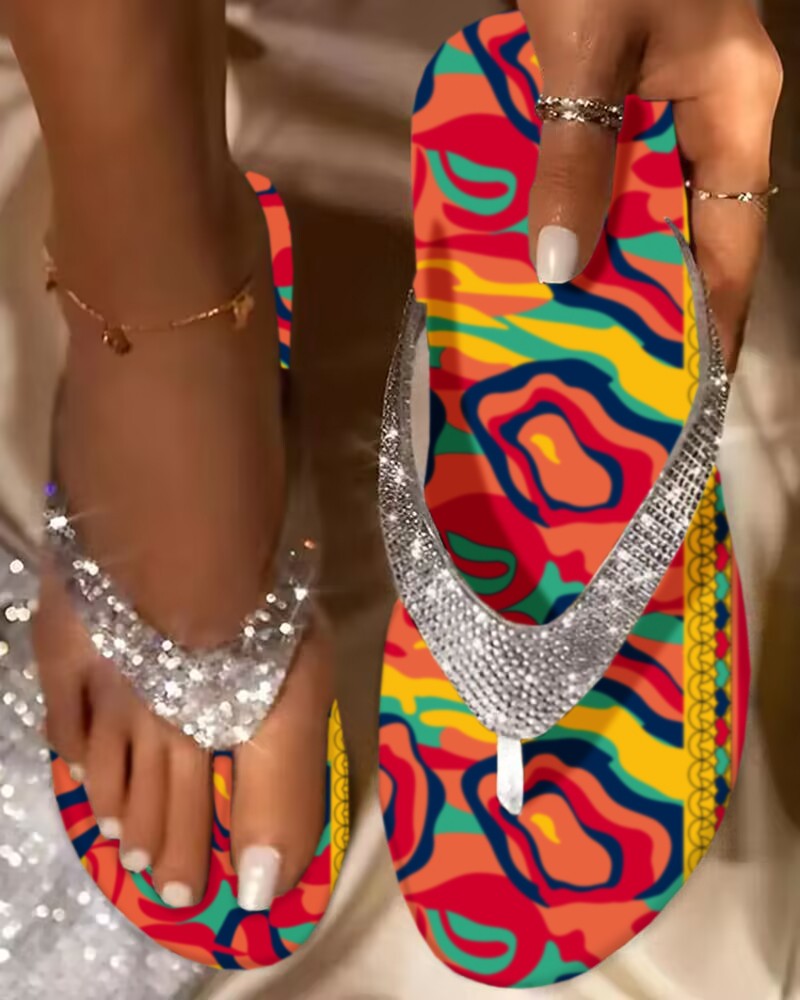 Multi Color Abstract Print Rhinestone Strap Flip Flops