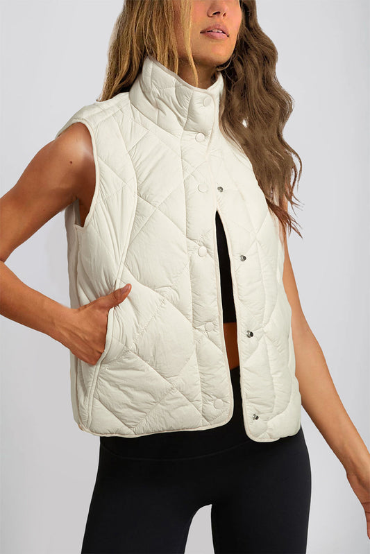 Black Quilted High Neck Button Up Pocket Vest Coat