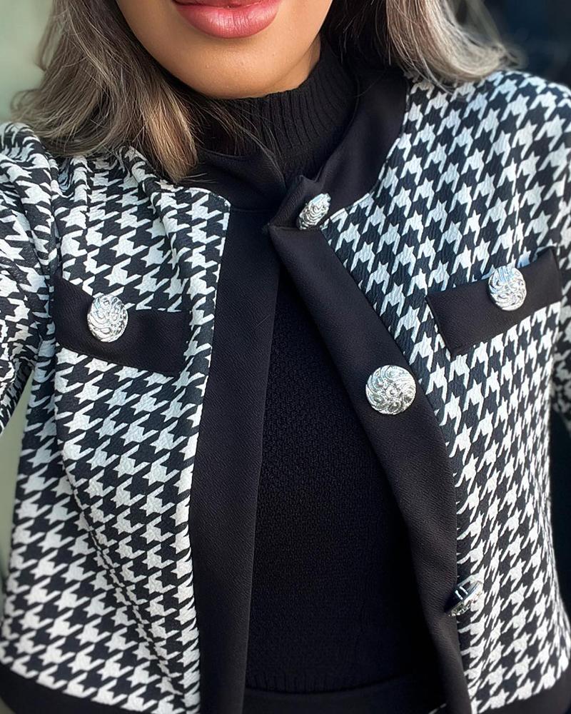 Houndstooth Print Crop Jacket & Pants Set