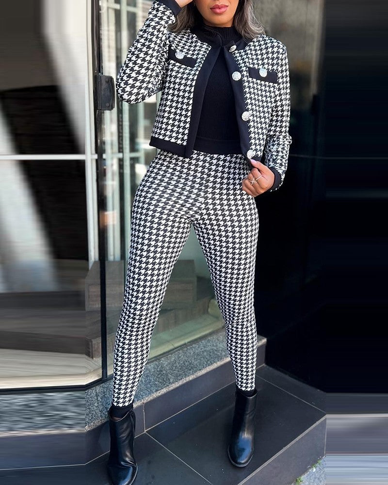 Houndstooth Print Crop Jacket & Pants Set