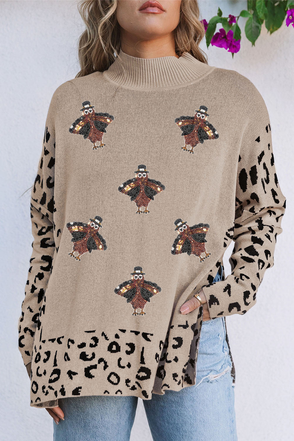 Khaki Sequin Turkey Leopard Mixed Pattern High Neck Sweater with Slits