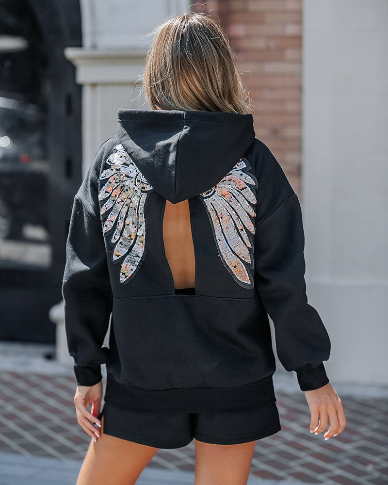 Sequin Wings Pattern Back Slit Hooded Sweatshirt & Shorts Set