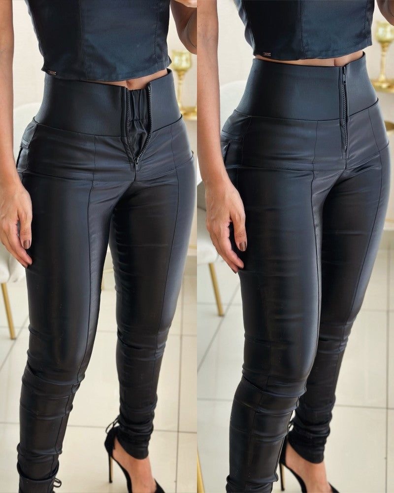 PU Leather Stretchy Waist Zipper Design Skinny Pants