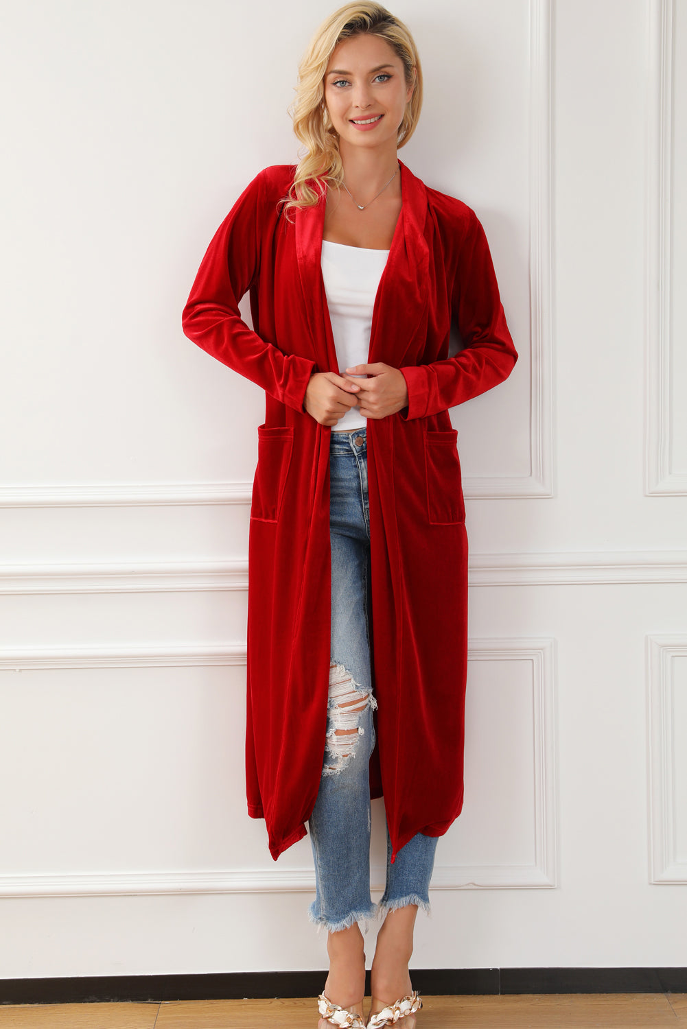 Fiery Red Velvet Open Front Pocketed Long Duster