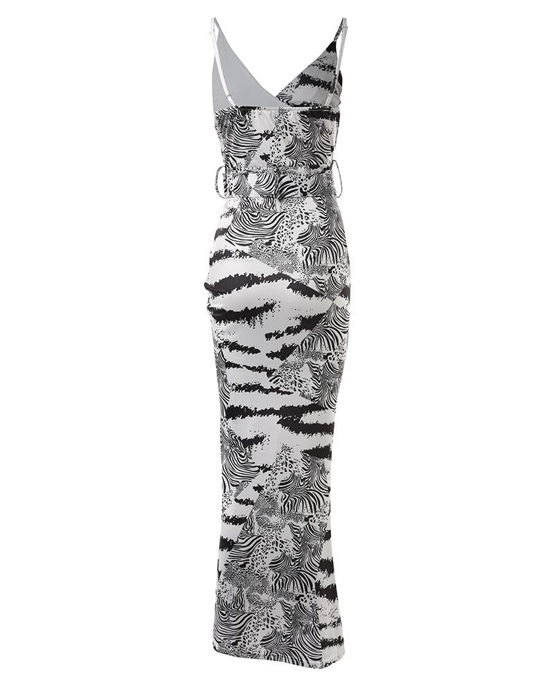 Zebra Stripe Tie Dye Print High Slit Drawstring Maxi Dress