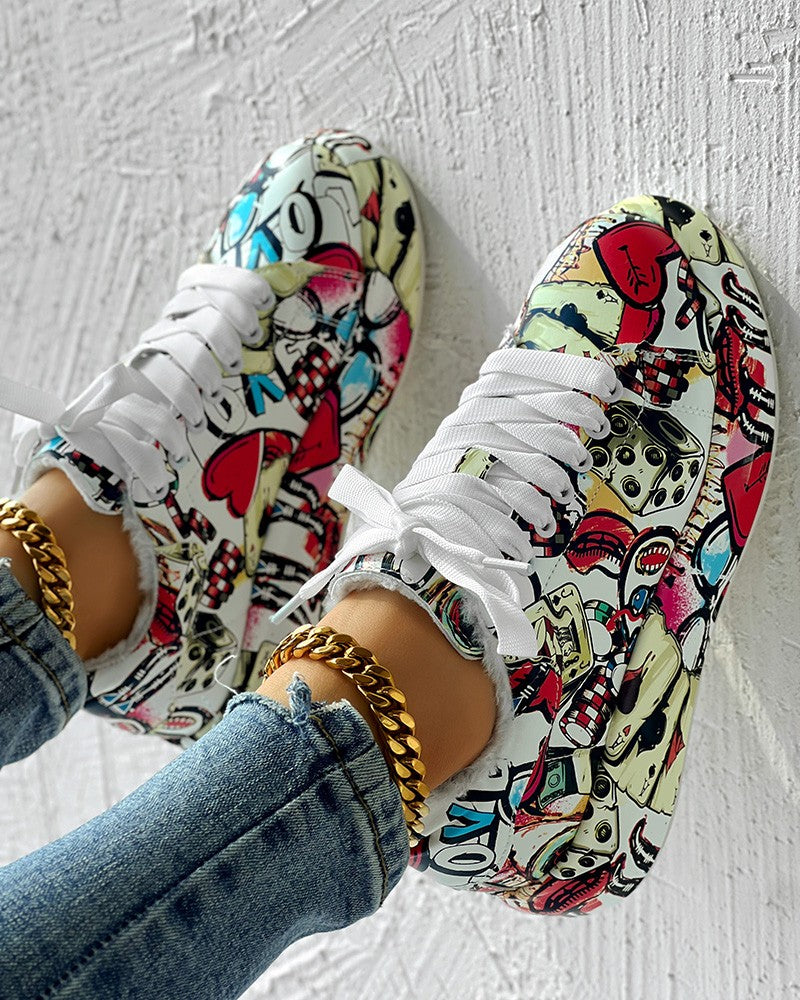 Cartoon Graphic Letter Lace up Lined Sneakers