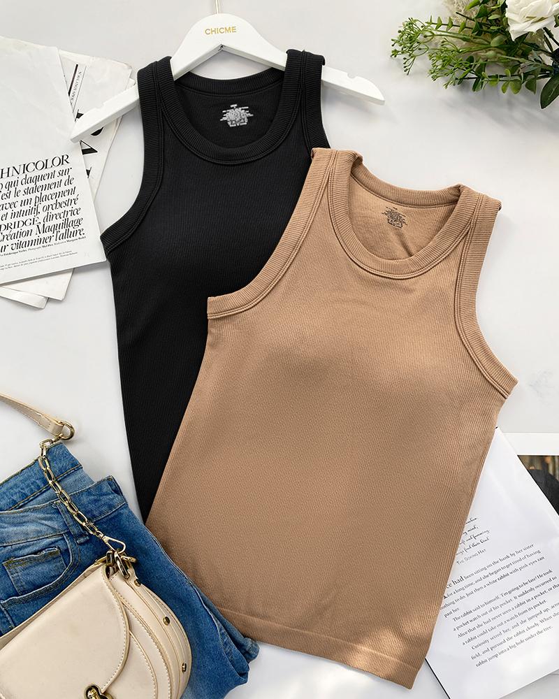 2 Piece Built in Bra Crewneck Tank Top Terry Towelling Lined Sleeveless Slim Fit Layering Shirt Tops