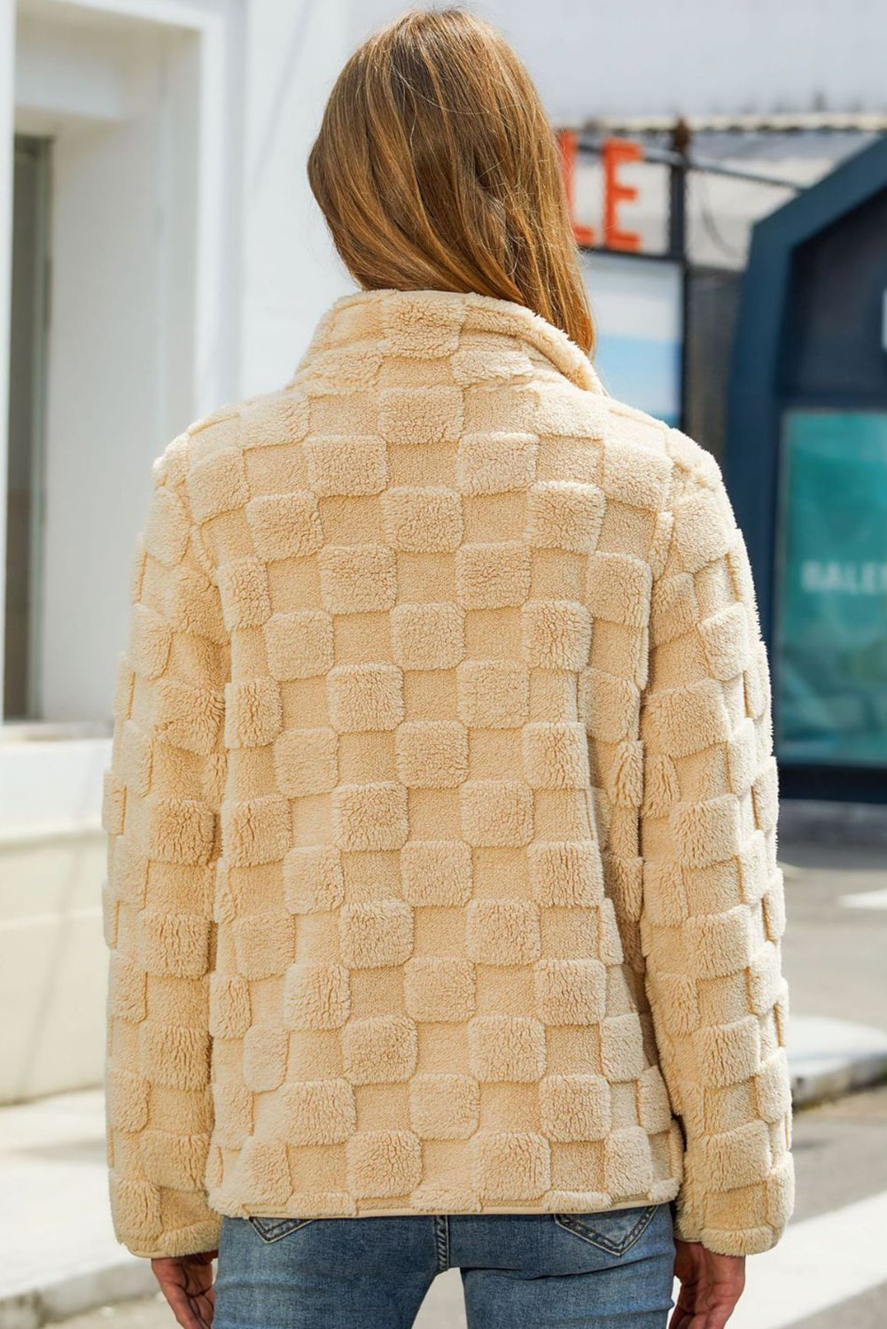 Apricot Solid Checkered Side Pockets Zipper Fleece Jacket