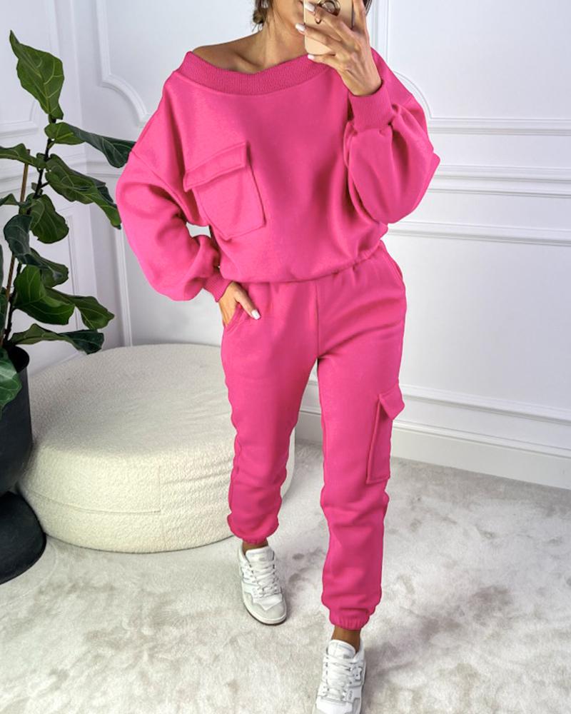 Round Neck Pocket Design Sweatshirt & Cuffed Sweatpants Set