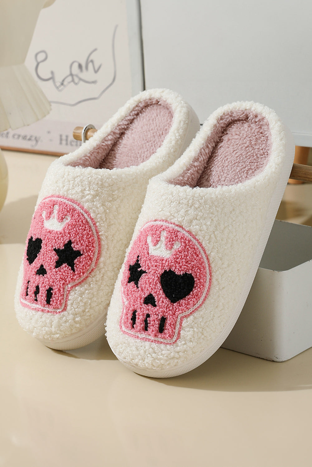 Black Halloween Skull Printed Plush Winter Home Slippers