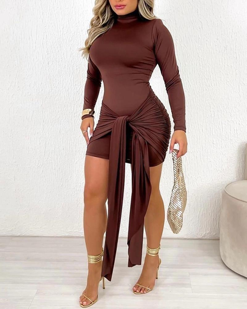 Mock Neck Knotted Long Sleeve Bodycon Dress