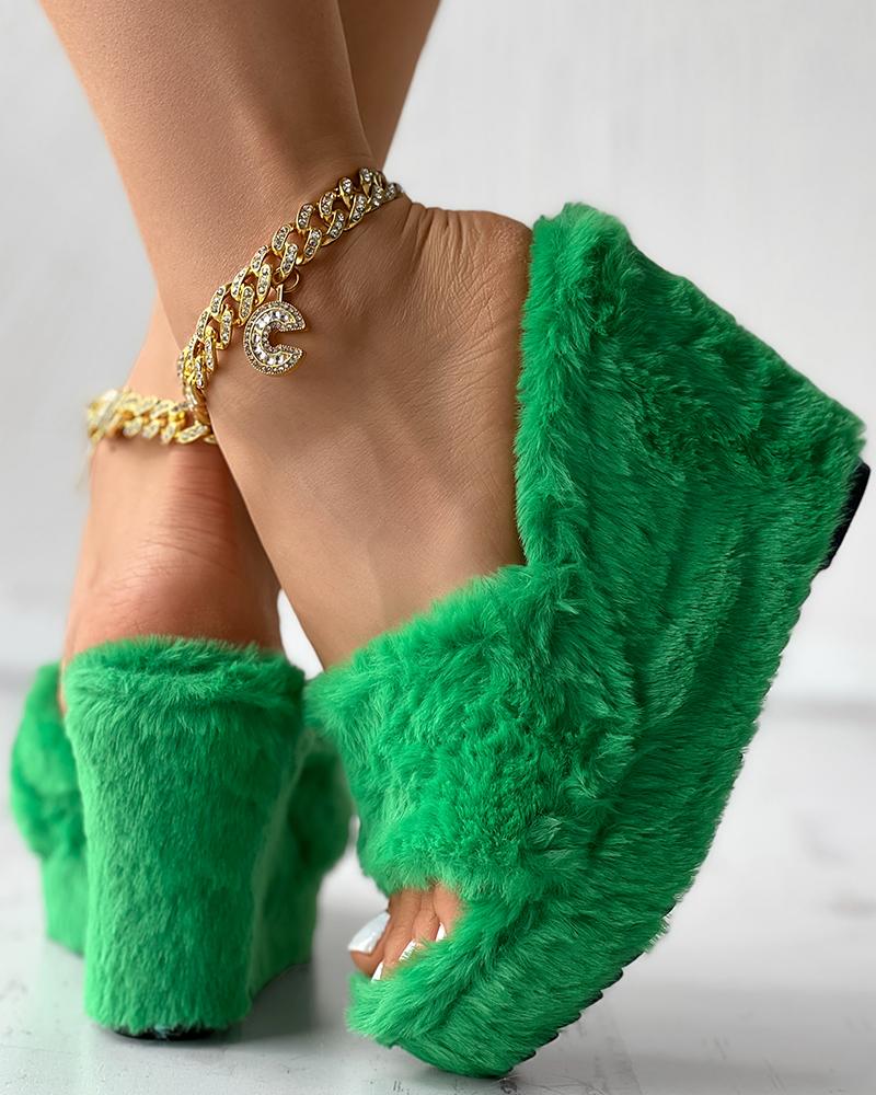 One Strap Fuzzy Wedge Slippers