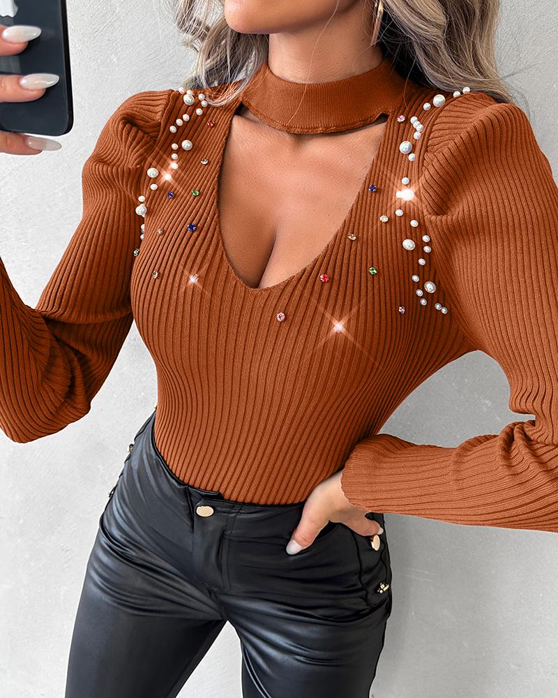 Keyhole Neck Rhinestone Beaded Knit Sweater