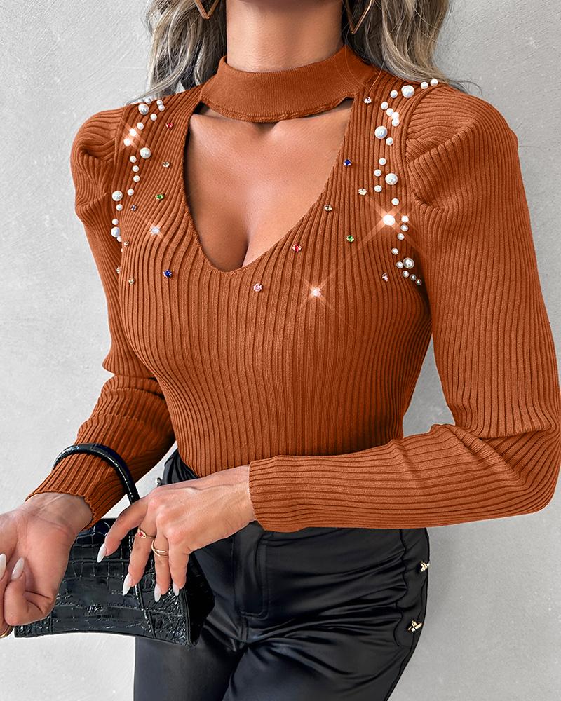 Keyhole Neck Rhinestone Beaded Knit Sweater