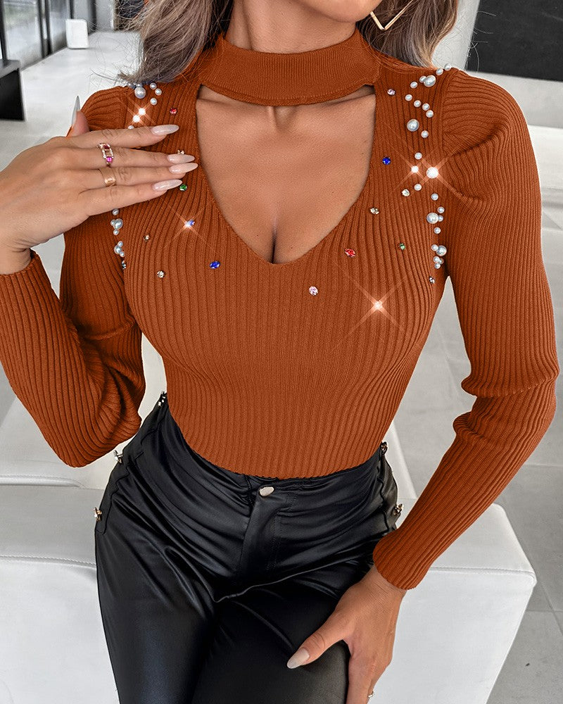 Keyhole Neck Rhinestone Beaded Knit Sweater