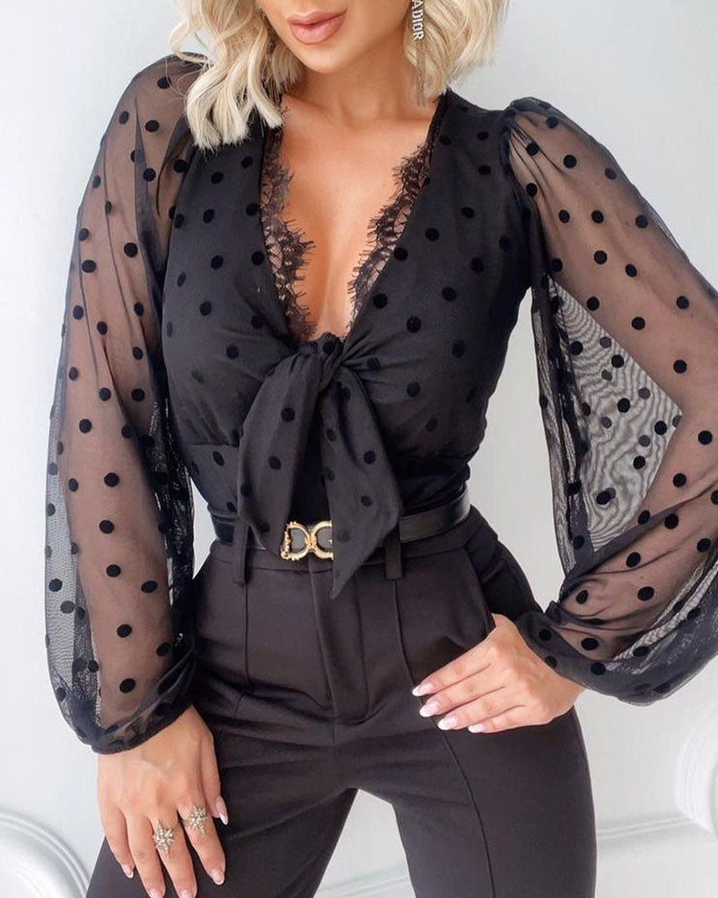 Polka Dot Mesh Sleeve Contrast Lace V Neck Knot Front Blouse