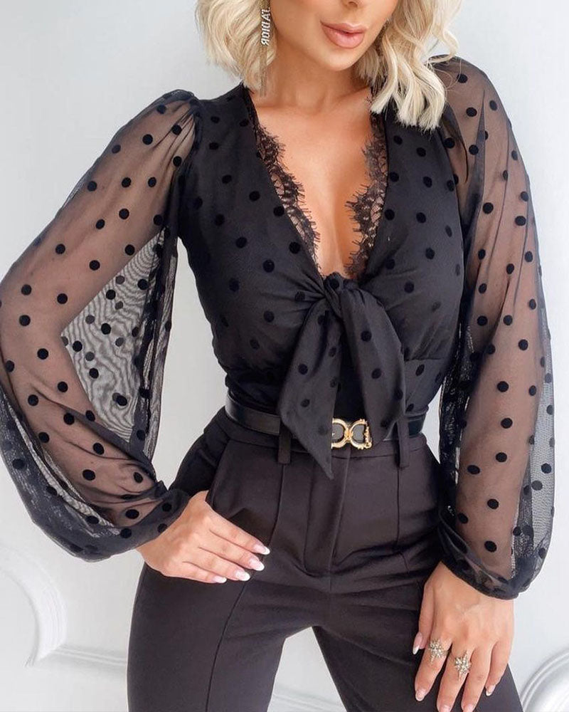 Polka Dot Mesh Sleeve Contrast Lace V Neck Knot Front Blouse