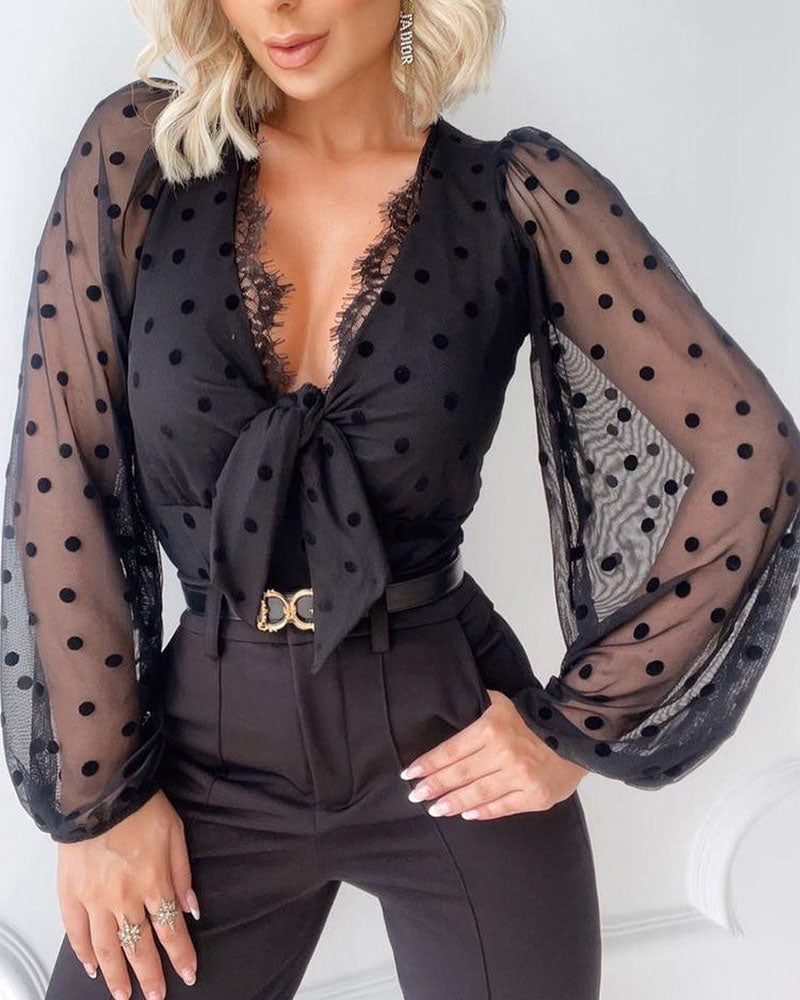 Polka Dot Mesh Sleeve Contrast Lace V Neck Knot Front Blouse