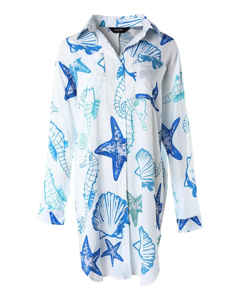 Hippocampus Shell Print Long Sleeve Shirt Dress