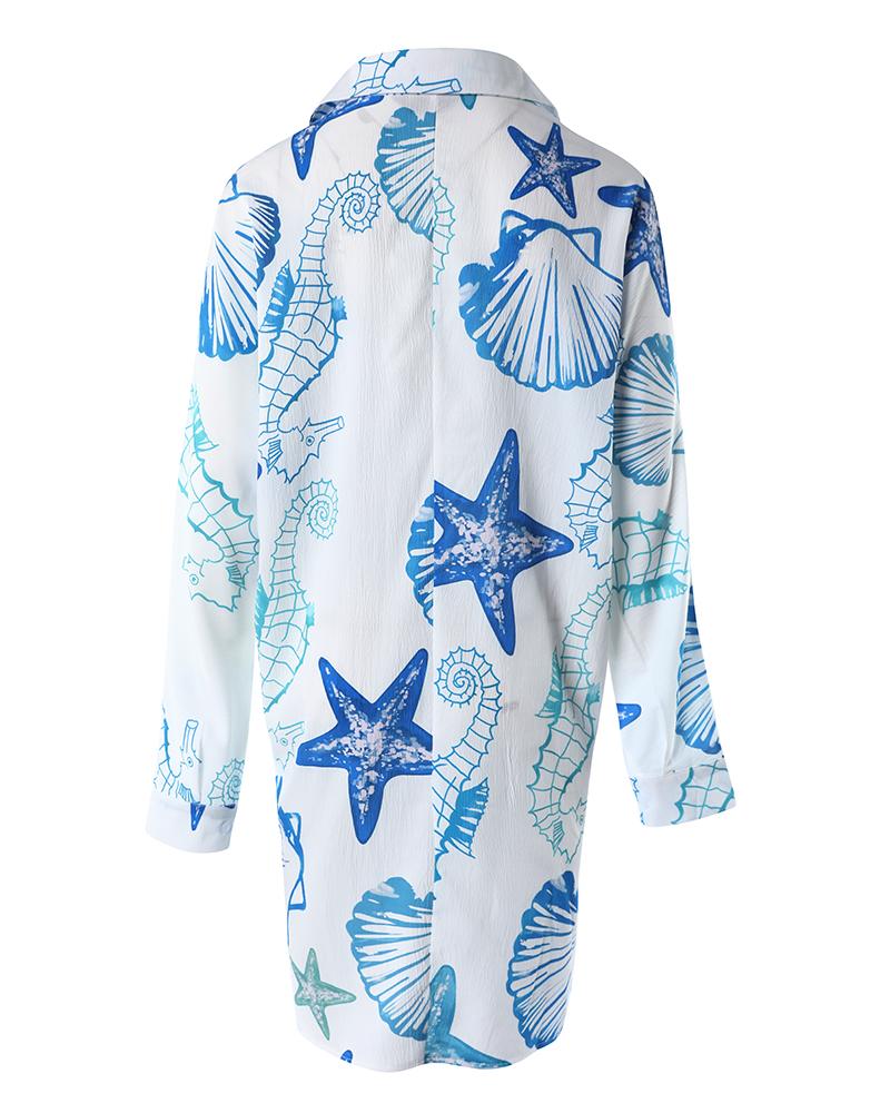 Hippocampus Shell Print Long Sleeve Shirt Dress