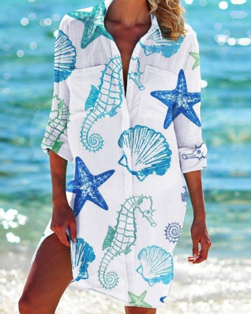 Hippocampus Shell Print Long Sleeve Shirt Dress