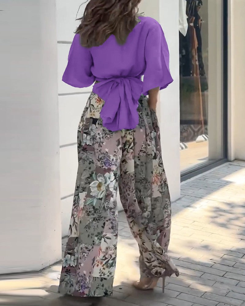 Twisted Crop Top & Floral Print Wide Leg Pants Set