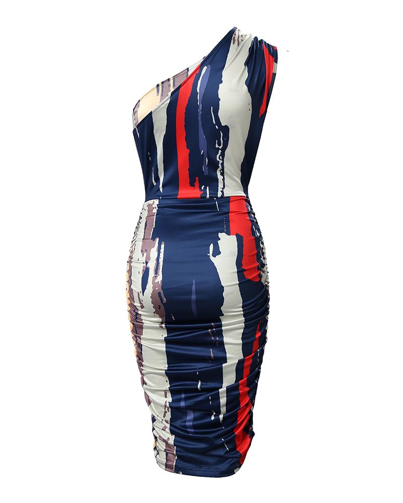 Abstract Print One Shoulder Ruched Bodycon Dress