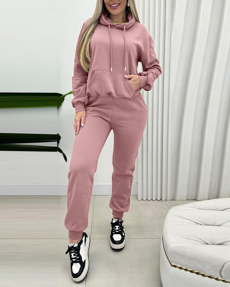 Kangaroo Pocket Design Hoodie & Cuffed Sweatpants Set