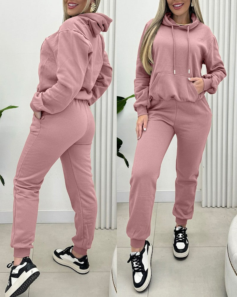 Kangaroo Pocket Design Hoodie & Cuffed Sweatpants Set