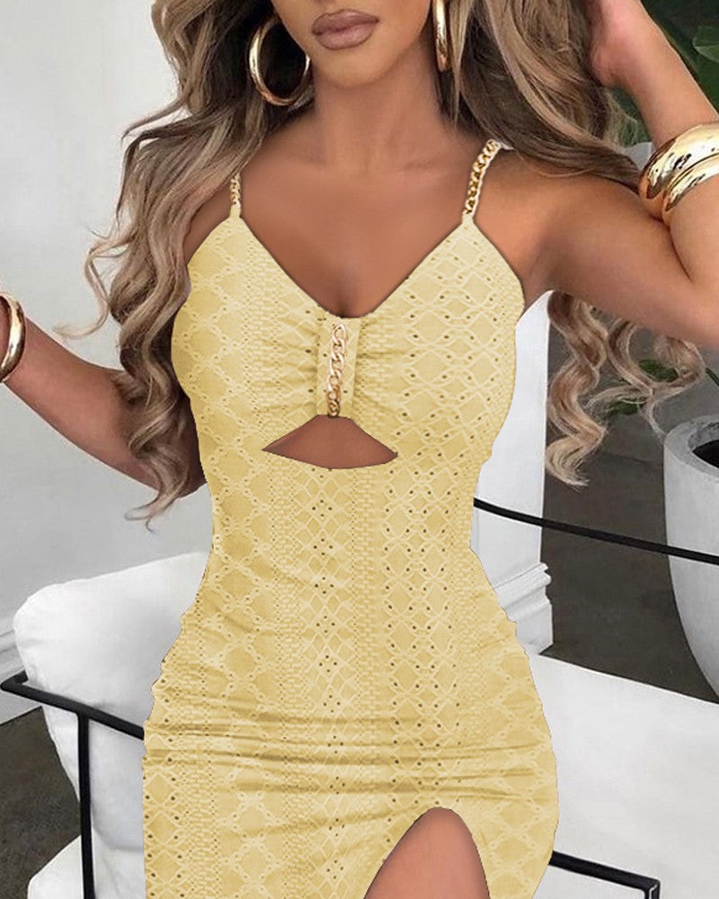 Eyelet Embroidery Chain Strap High Slit Dress