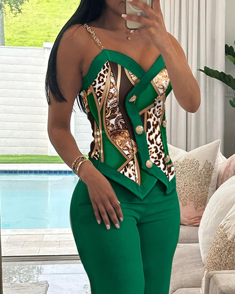 Scarf Leopard Print Double Breasted Cami Top & Straight Leg Pants Set