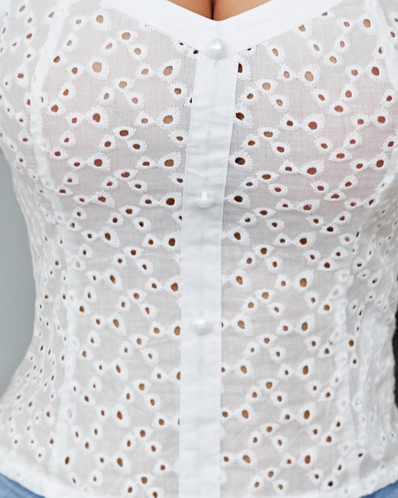 Eyelet Embroidery Buttoned Puff Sleeve Top