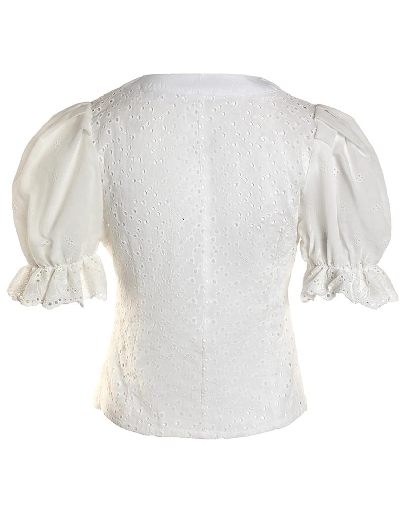 Eyelet Embroidery Buttoned Puff Sleeve Top